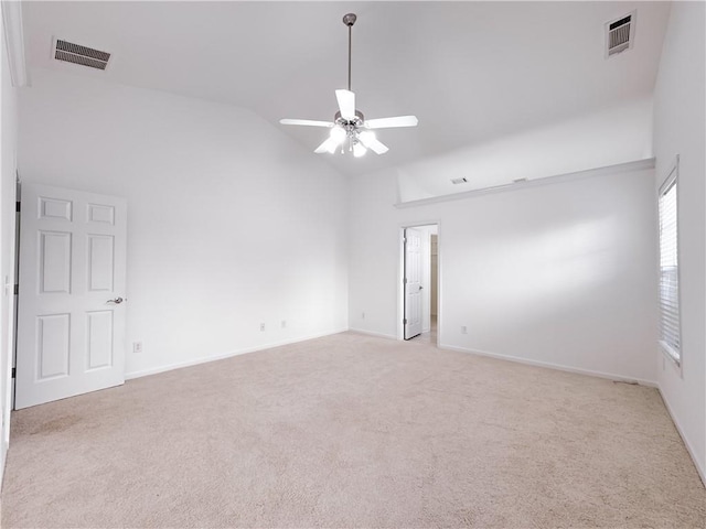 2642 Colleen Ln, Dacula, GA 30019 - empty room with a ceiling fan, light colored carpet, high vaulted ceiling, and baseboards