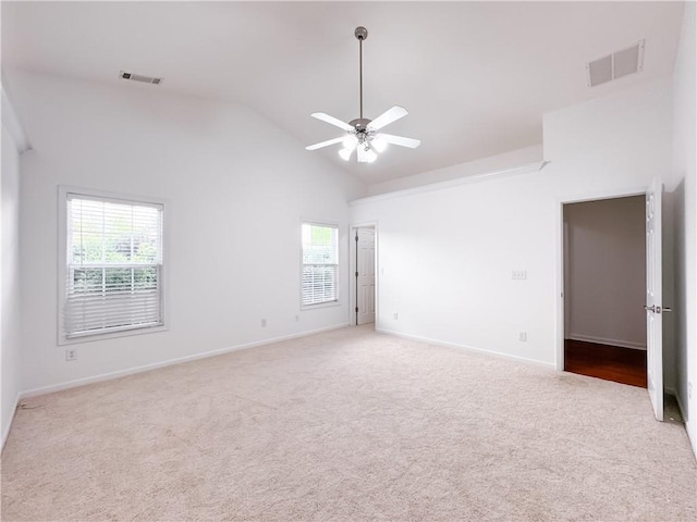 2642 Colleen Ln, Dacula, GA 30019 - unfurnished room with a ceiling fan, carpet flooring, baseboards, and high vaulted ceiling