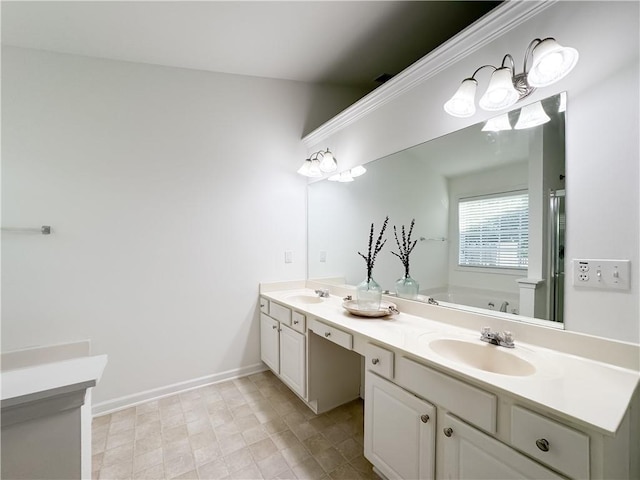 2642 Colleen Ln, Dacula, GA 30019 - bathroom with double vanity, a bath, a shower stall, and baseboards