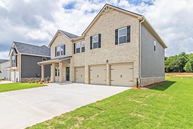 view of front facade featuring a garage, a front lawn, concrete driveway, and brick siding