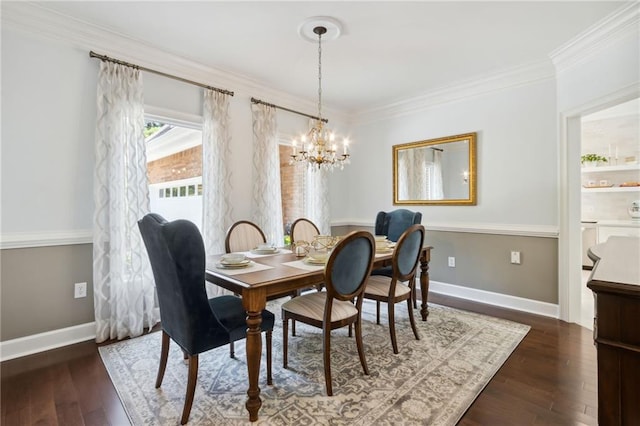 dining room with crown molding, a notable chandelier, and dark hardwood / wood-style flooring