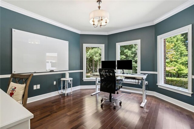 office with a healthy amount of sunlight, dark hardwood / wood-style floors, and a chandelier