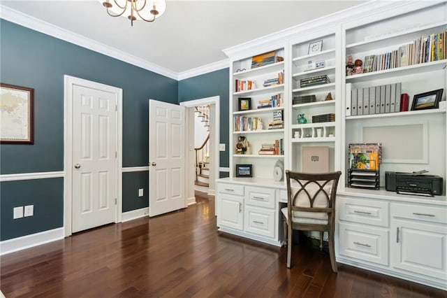 home office featuring crown molding, dark wood-type flooring, and a chandelier