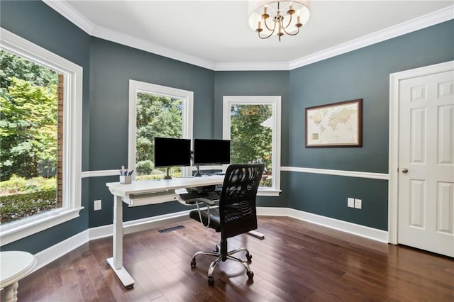 office featuring crown molding, a notable chandelier, and dark hardwood / wood-style flooring