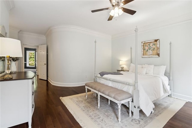 bedroom featuring dark wood-type flooring, ceiling fan, and ornamental molding