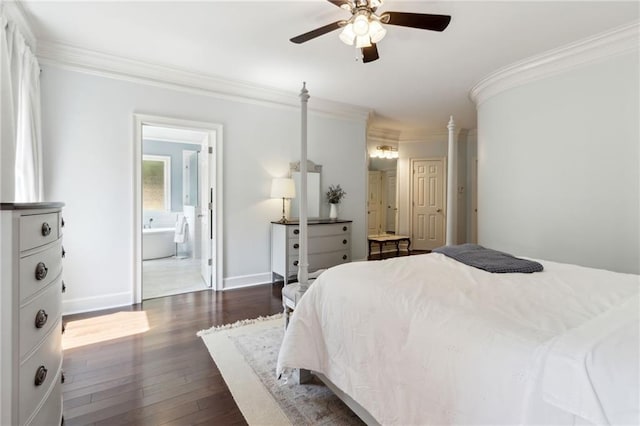 bedroom with crown molding, dark wood-type flooring, ensuite bathroom, and ceiling fan