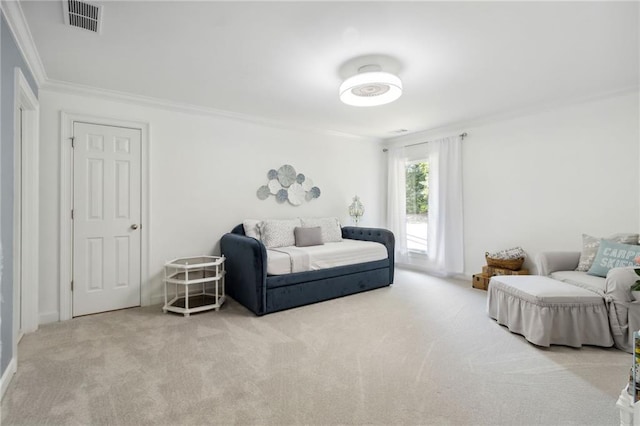 living room with crown molding and light carpet