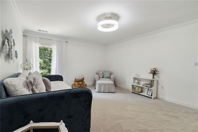 living room with light carpet and crown molding