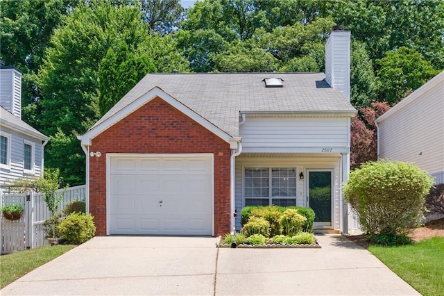 2507 Albion Farm Way, Duluth, GA 30097 - view of front facade featuring concrete driveway, brick siding, an attached garage, a chimney, and a shingled roof