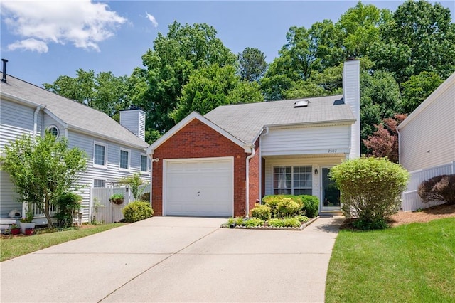 2507 Albion Farm Way, Duluth, GA 30097 - view of front of home featuring brick siding, an attached garage, concrete driveway, a front lawn, and a chimney