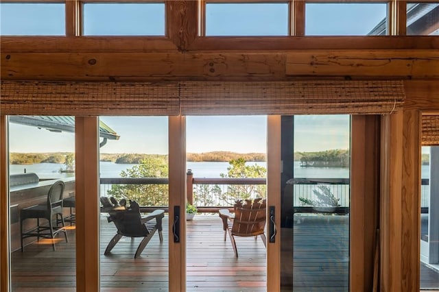 doorway to outside with plenty of natural light, a water view, and hardwood / wood-style floors