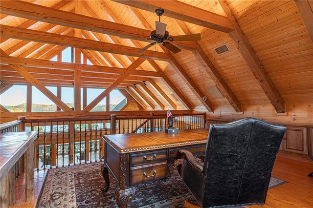office featuring lofted ceiling with beams, a healthy amount of sunlight, ceiling fan, and wood ceiling