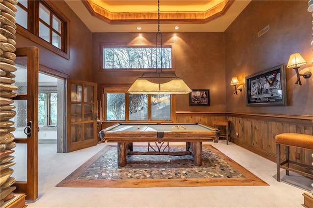 playroom featuring billiards, carpet, a high ceiling, and a wealth of natural light