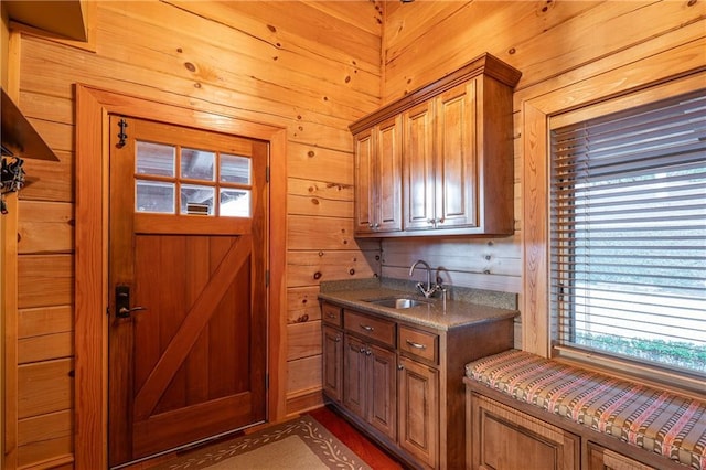 interior space featuring a sink and wood walls