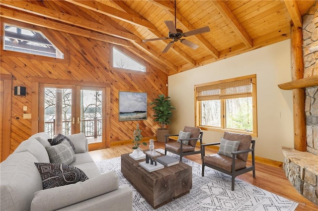 living room featuring french doors, beam ceiling, high vaulted ceiling, ceiling fan, and wood ceiling
