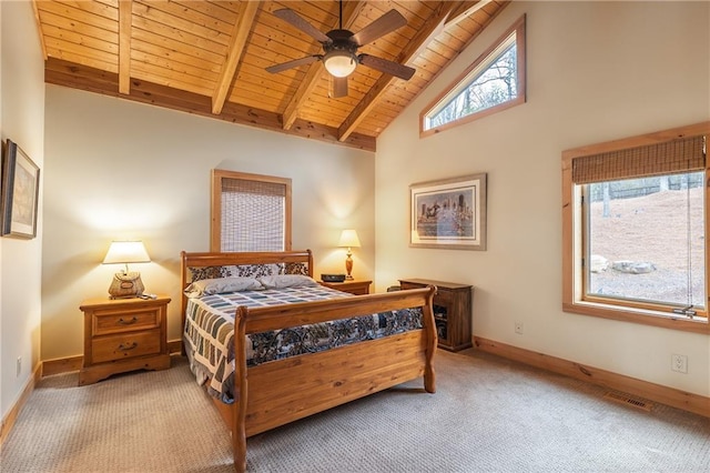 carpeted bedroom with wood ceiling, high vaulted ceiling, beam ceiling, visible vents, and baseboards