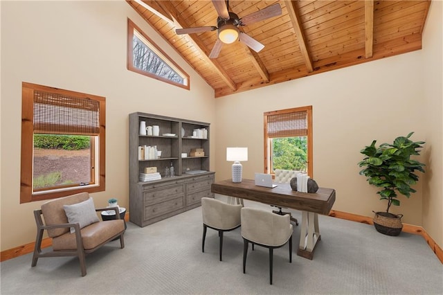 office area featuring light colored carpet, wood ceiling, baseboards, and high vaulted ceiling