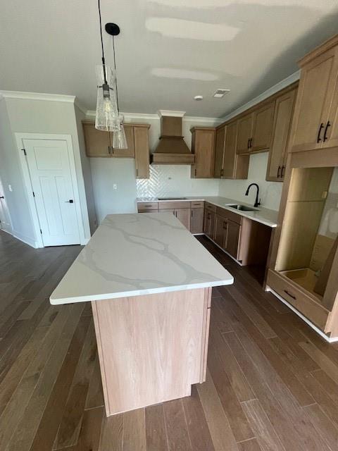 129 Silvercrest Dr, Acworth, GA 30101 - kitchen featuring custom exhaust hood, a sink, a kitchen island, dark wood-type flooring, and ornamental molding