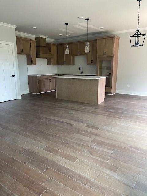 129 Silvercrest Dr, Acworth, GA 30101 - kitchen featuring custom exhaust hood, crown molding, dark wood finished floors, a sink, and baseboards