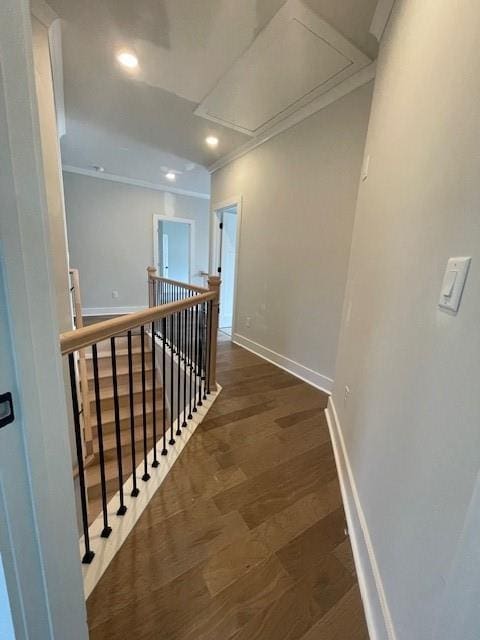129 Silvercrest Dr, Acworth, GA 30101 - corridor with attic access, an upstairs landing, baseboards, recessed lighting, and wood finished floors