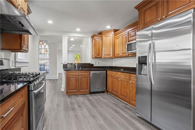 kitchen featuring sink, light wood-type flooring, stainless steel appliances, and dark stone counters