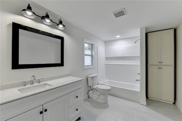 bathroom with vanity, toilet, baseboards, visible vents, and  shower combination