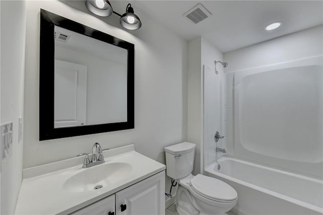 full bath with tub / shower combination, visible vents, toilet, and vanity