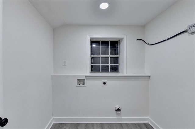 laundry area with electric dryer hookup, hookup for a washing machine, laundry area, and wood finished floors