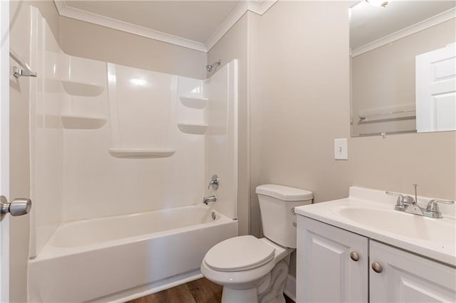 full bathroom featuring washtub / shower combination, toilet, crown molding, wood-type flooring, and vanity