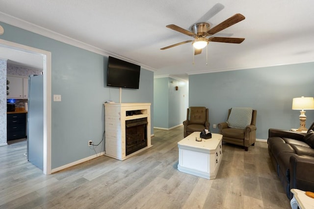 4223 Spring Valley Dr, Cohutta, GA 30710 - living room with ceiling fan, baseboards, light wood-type flooring, ornamental molding, and a fireplace