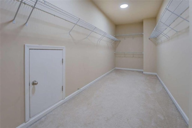 spacious closet featuring light colored carpet