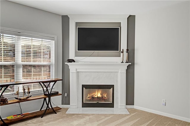 interior details with a fireplace, baseboards, and carpet flooring