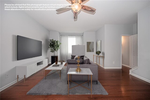 living room featuring ceiling fan and dark hardwood / wood-style flooring