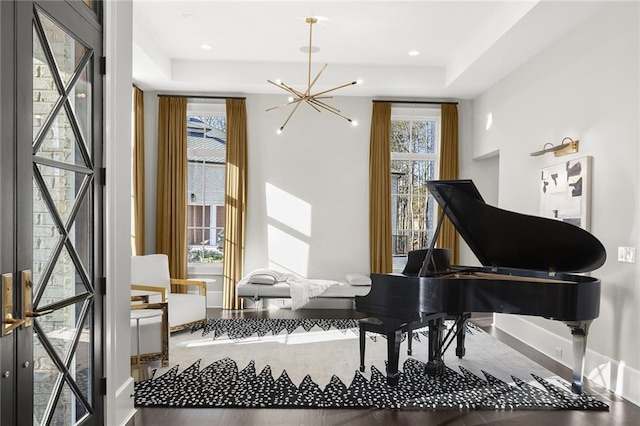 miscellaneous room featuring a raised ceiling, a healthy amount of sunlight, wood-type flooring, and an inviting chandelier