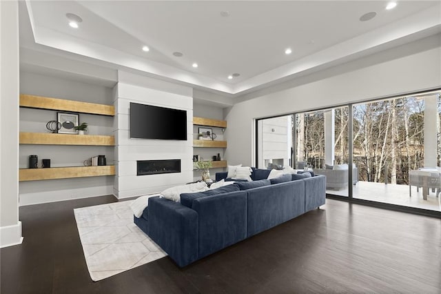 living room featuring a large fireplace and dark hardwood / wood-style floors