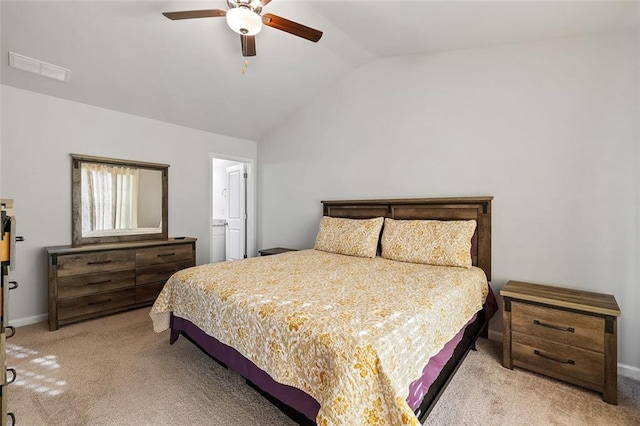 carpeted bedroom with lofted ceiling and ceiling fan