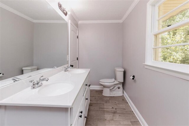 1233 Bethlehem Rd, Statham, GA 30666 - bathroom with toilet, wood finished floors, ornamental molding, double vanity, and baseboards