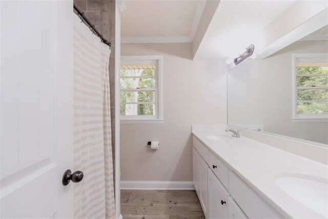 1233 Bethlehem Rd, Statham, GA 30666 - full bath with double vanity, wood finished floors, baseboards, and curtained shower