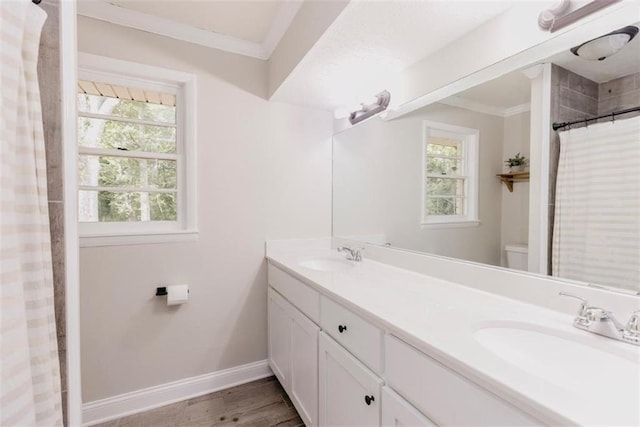 1233 Bethlehem Rd, Statham, GA 30666 - full bath featuring wood finished floors, toilet, ornamental molding, baseboards, and double vanity