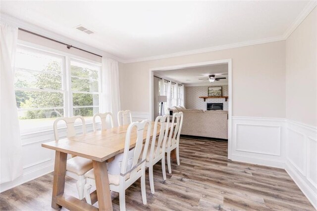 1233 Bethlehem Rd, Statham, GA 30666 - dining space featuring a decorative wall, wood finished floors, ornamental molding, wainscoting, and a fireplace