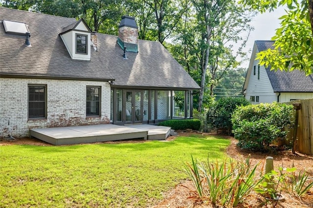 2007 Mount Vernon Pl, Dunwoody, GA 30338 - rear view of house with a deck, a chimney, brick siding, a shingled roof, and french doors