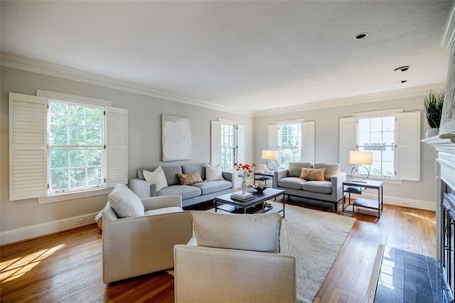 2007 Mount Vernon Pl, Dunwoody, GA 30338 - living room with ornamental molding, dark wood-type flooring, and a fireplace with flush hearth