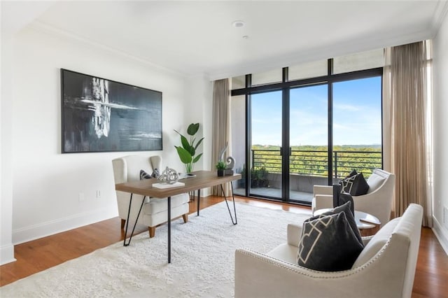 office space featuring hardwood / wood-style flooring, floor to ceiling windows, and crown molding