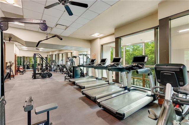 exercise room with a drop ceiling and ceiling fan