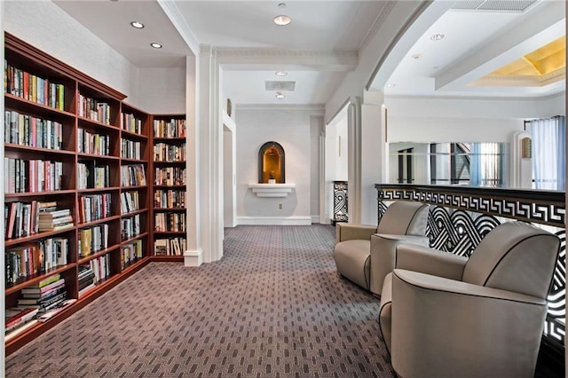 interior space with ornamental molding and carpet flooring