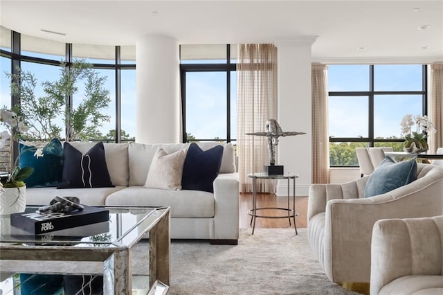 living room with hardwood / wood-style flooring and floor to ceiling windows