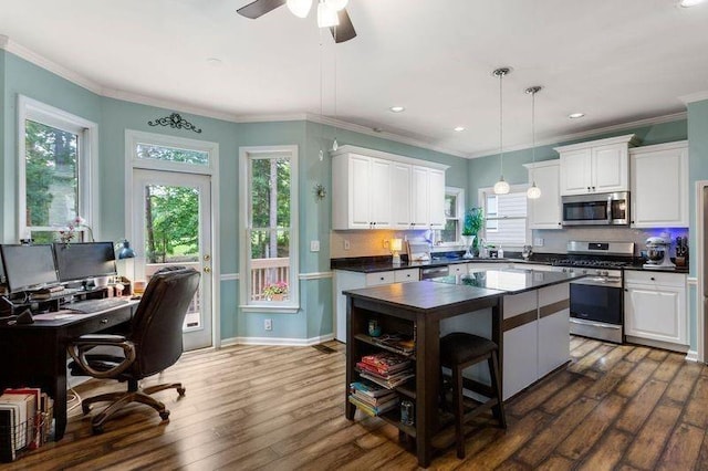 kitchen with white cabinets, hanging light fixtures, dark hardwood / wood-style floors, appliances with stainless steel finishes, and a kitchen island