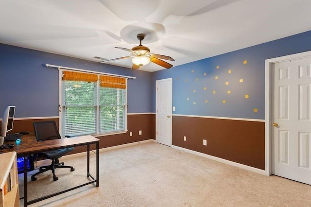 office area with light carpet and ceiling fan