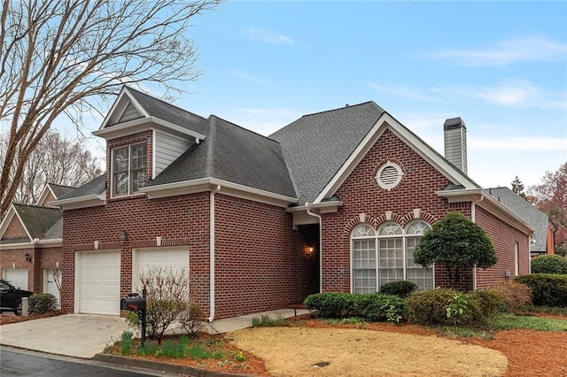 view of front of home with driveway, brick siding, a chimney, and a shingled roof