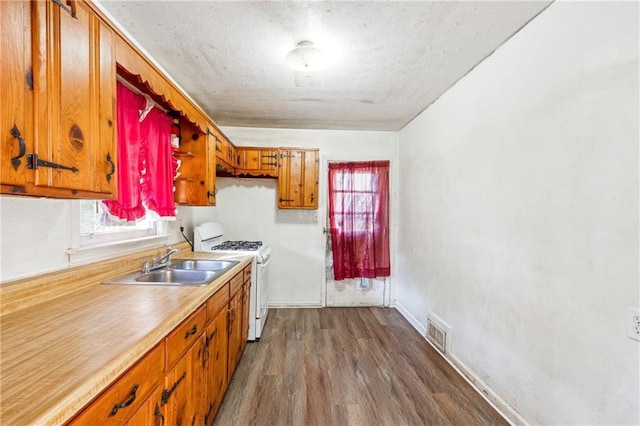 kitchen with white gas range, sink, and dark hardwood / wood-style flooring